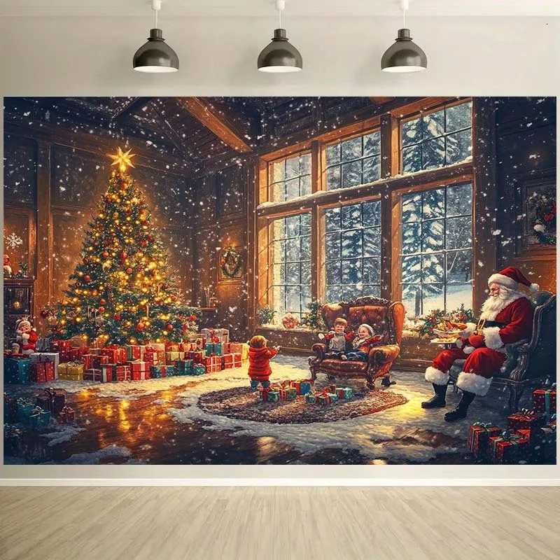 Cozy Christmas Scene Tapestry - Santa Tree Gifts Fireplace in Warm Home for Festive Wall Hanging DecorM251125