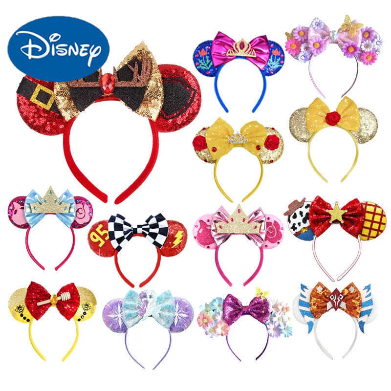Disney Latest Mickey Mouse Ear Headband Cartoon Glitter 5 Bow Headband Girl Festival DIY Hair Accessories X250425