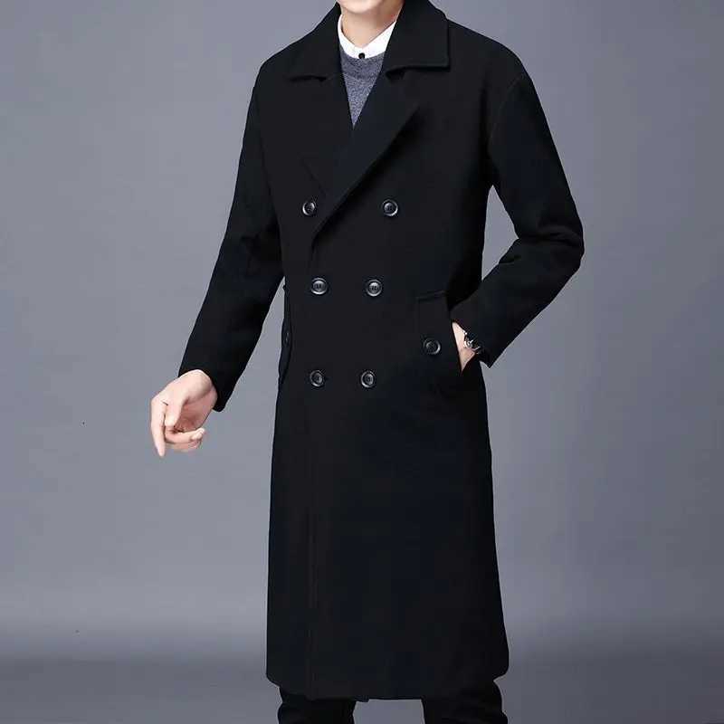 Mens Long Woolen Overcoat for Winter Korean Style Loose Fit Suit Collar Double Breasted Cotton Lined Warm and Stylish OuterwearT251125