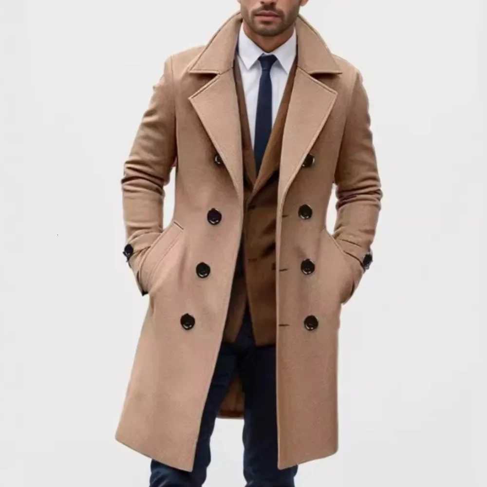 Men Wool Double Breasted Blends Turn Down Collar Jackets Long Sleeve Cardigan Coat High Street Pockets Loose Outerwear SolidT251125