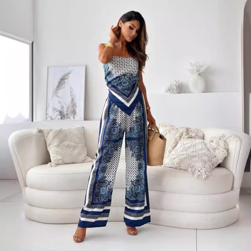 2024 New Fashion Printed Strap Wrap Chest+Positioning Flower Pants Set for Womens Wear