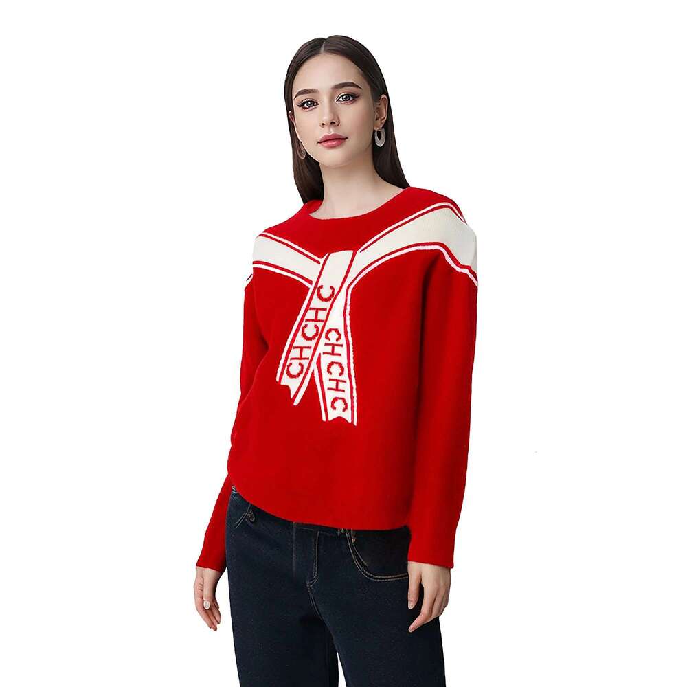 CHCH Casual Knitted Contrast Pullovers Women Loose Red Long Sleeve Sweaters 2024 Autumn New Lady Cozy All-Match Knitwear