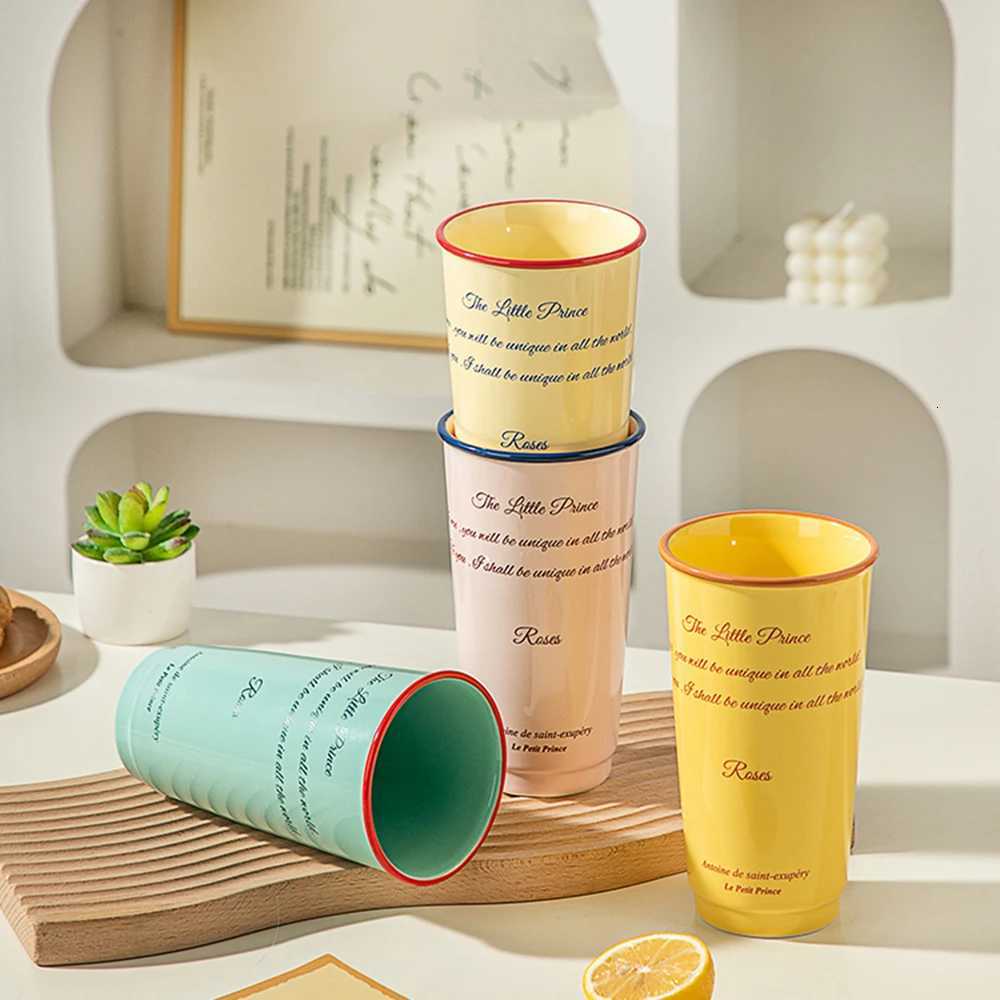 Texture Ceramic Handle Cup 580ml Letter Print Contrast Color High Coffee Mug Household Afternoon Tea Pigmented Drinkware Y251125