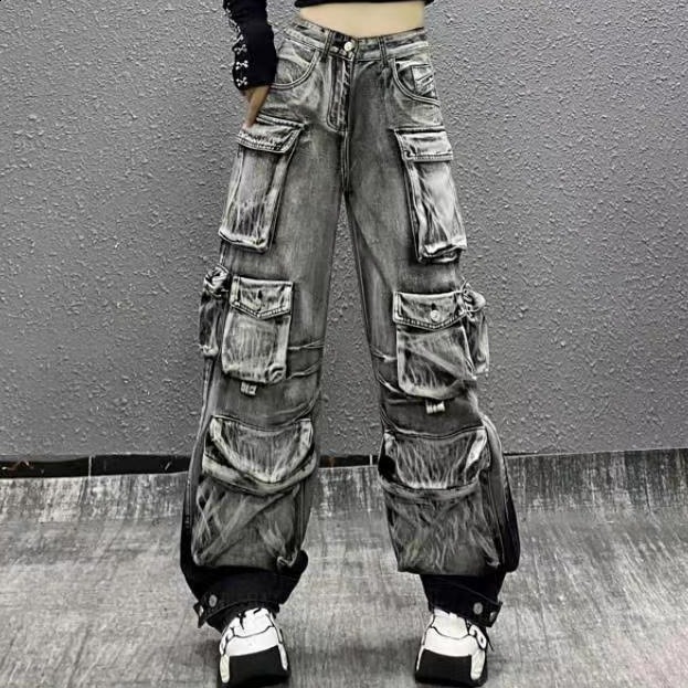 Womens blue pocket Y2k freight jeans Harajuku oversized jeans Trouser retro Japanese 2000s style ripped jeans garbage clothing 241031