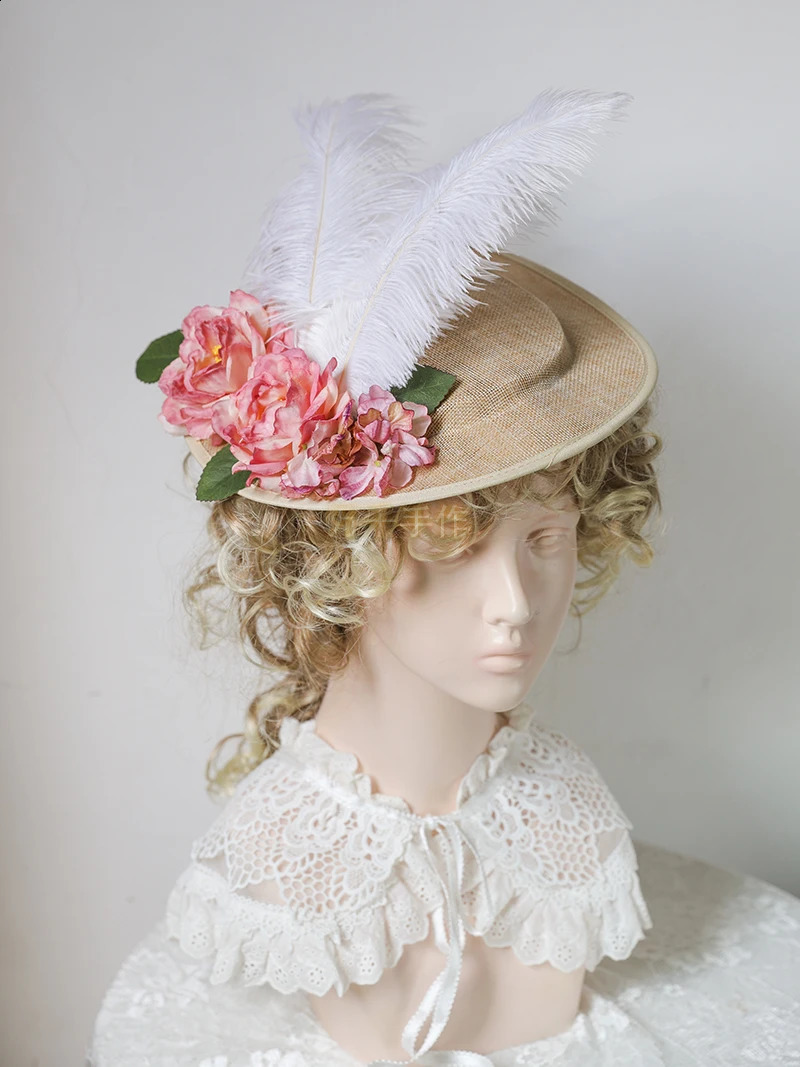 Cosplaydiy Victorian Pastoral Style Bonnet Hat Flower Decor Sunshade Flat Hat Tea Party Flat Cap Lolita Gorgeous Feather Hat 250420