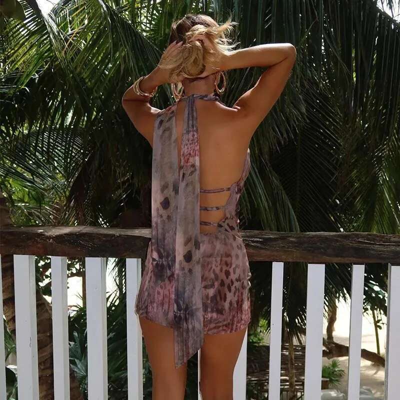 Dongdumaoyi Townlike Print Slim Bodycon Dress Women Halter Mini Spring Summer Backless Nightclub Sexy Party Dresses Scarf