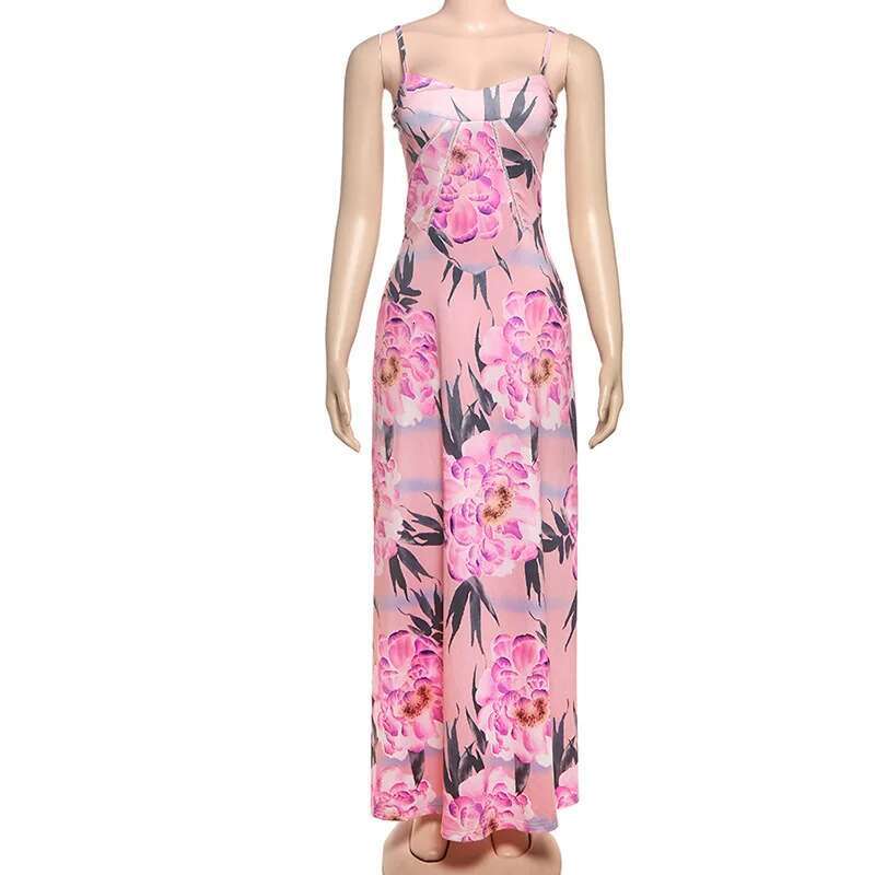 Dongdumaoyi Townlike Waist Wrap A Line Print Dress Women Spaghetti Strap Spring Summer Maxi Long Nightclub Sexy Party Dresses