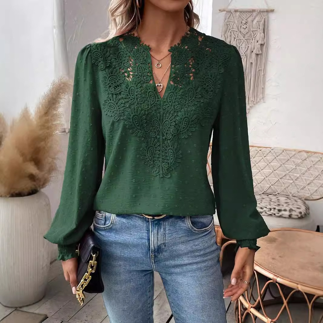 2024 Autumn V-neck Lace Splicing Solid Color Shirt Womens Shirt