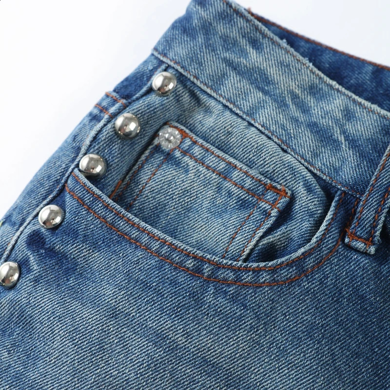 Fashionable womens side pearl decorated denim jeans high waist wide leg pants 2025 trend streetwear mens style 250417