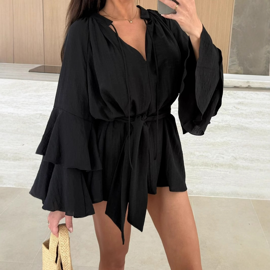 2025 new autumn solid color V-neck irregular lace up long sleeved loose dress for women