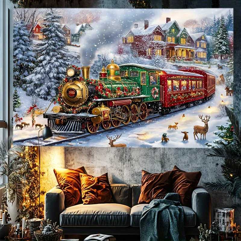 Glam Christmas Tapestry with Polar Express Train Snow Scene - Polyester Wall Hanging with Santa Reindeer Festive Decor SquarM251125