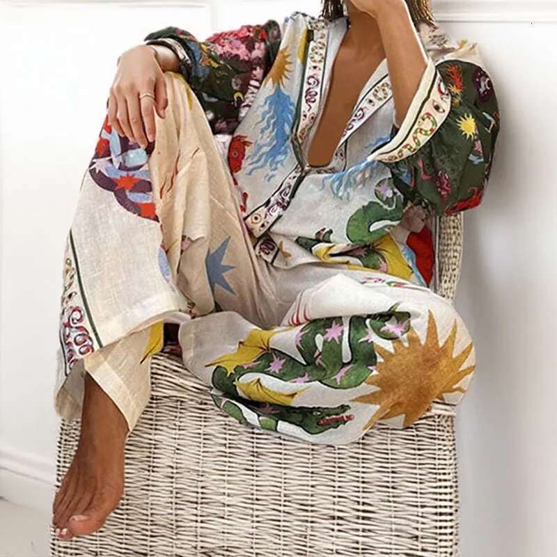 2 Piece Suit Women Set Spring Summer Loose Long Sleeve Printed Blouse Shirt+Wide Leg Elestic Waist Pants