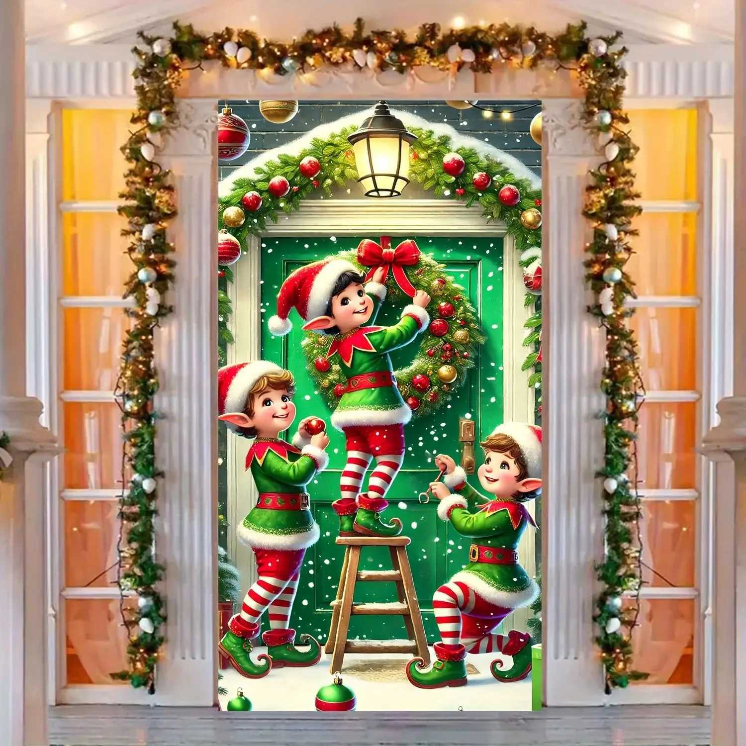 VIKAMA Christmas Elf Wreath Tapestry Door Curtain Holiday Decoration Suitable for Entrances Living Rooms and Party BackdropsM251125