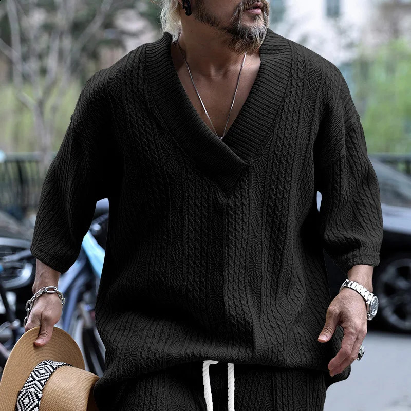 Mens casual knitted Tshirt for summer loose fit plus size semi long sleeved svCollar sport solid color jacquard 250417