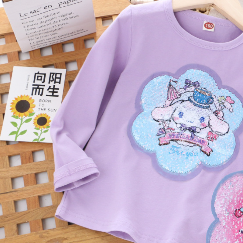 Disney girl designer t-shirt children's cotton top girl color changing sequin t-shirt spring and autumn top girl's top comfortable soft prin