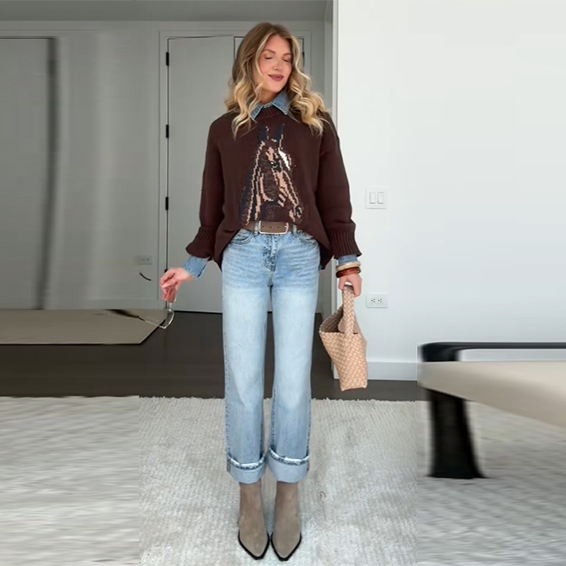 Women's Sweaters Cute Bear Little horse Pattern Sweatshirts High Collar Warm Polar Fleece Sweater Soft Blouses Tops 2025 Winter Lady Y2K Clothes