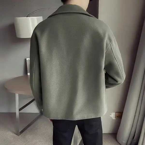 Autumn and Winter Mens Woolen New Style Spliced lapel Button Pocket Fashionable Solid Color Loose Casual Windbreaker JacketT251125