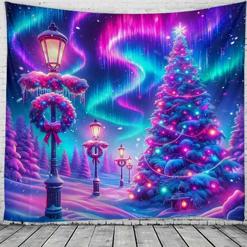 VIKAMA Aurora Christmas Tapestry Snowy Christmas Tree Holiday Living Room Theme Winter Room Decor Living Room AccentsM251125