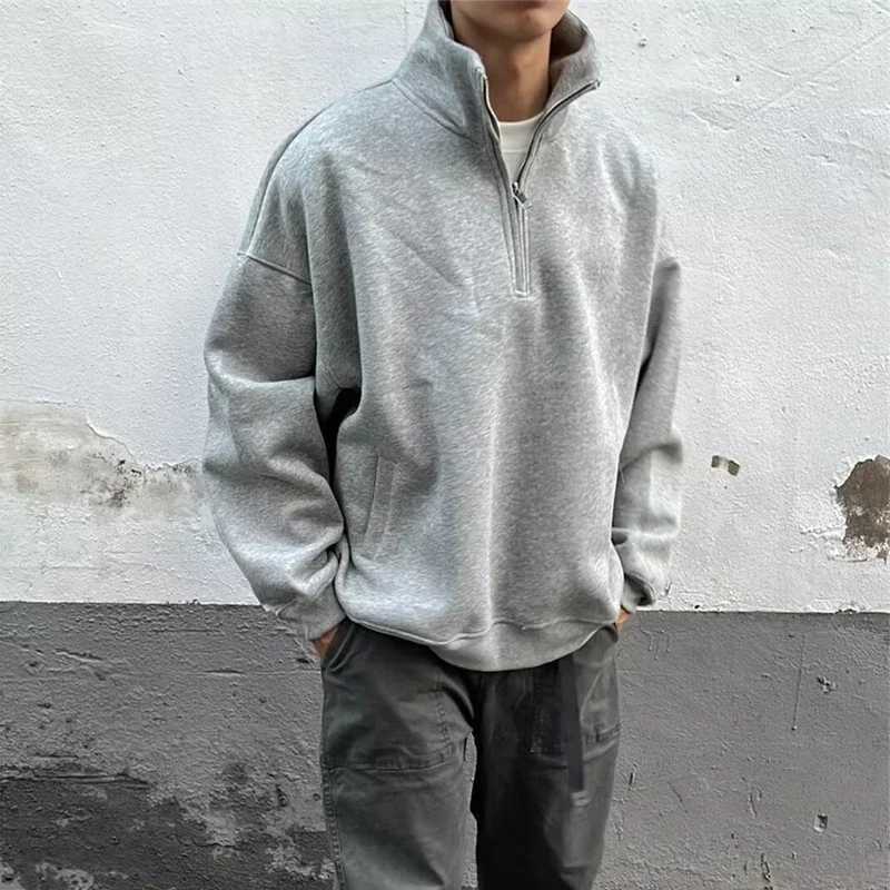 Autumn mens half zipper design sportswear Y2K retro stand up collar pullover hooded sweatshirt M250425