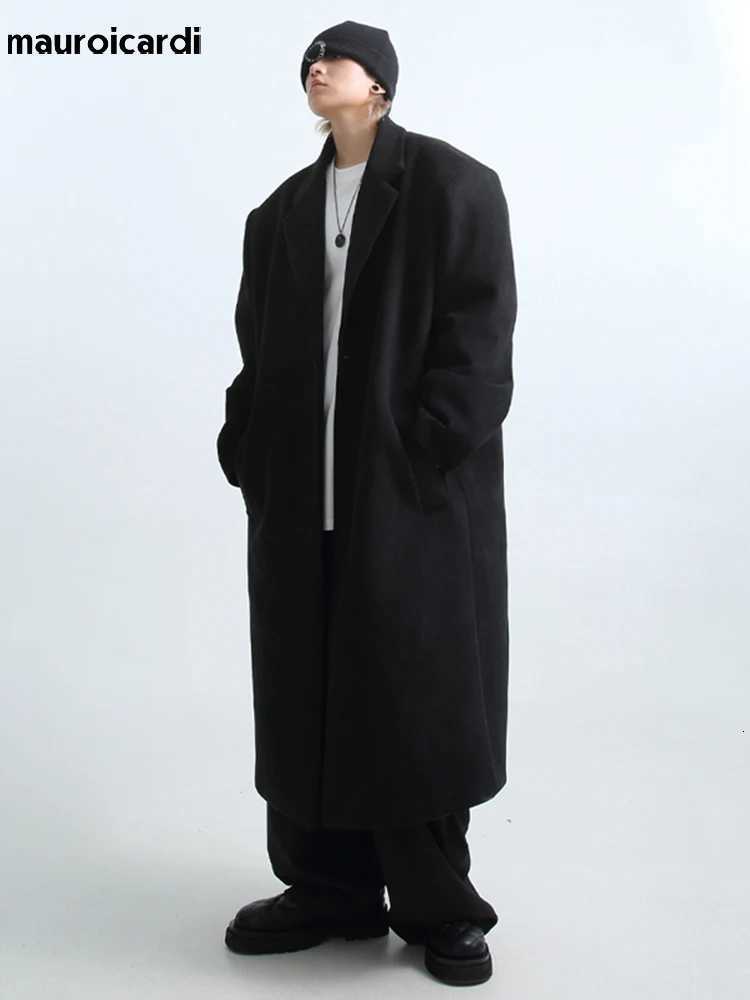 Mauroicardi Autumn Winter Long Oversized Warm Soft Black Trench Coat Men with Shoulder Pads Loose Casual Korean Fashion OvercoatT251125