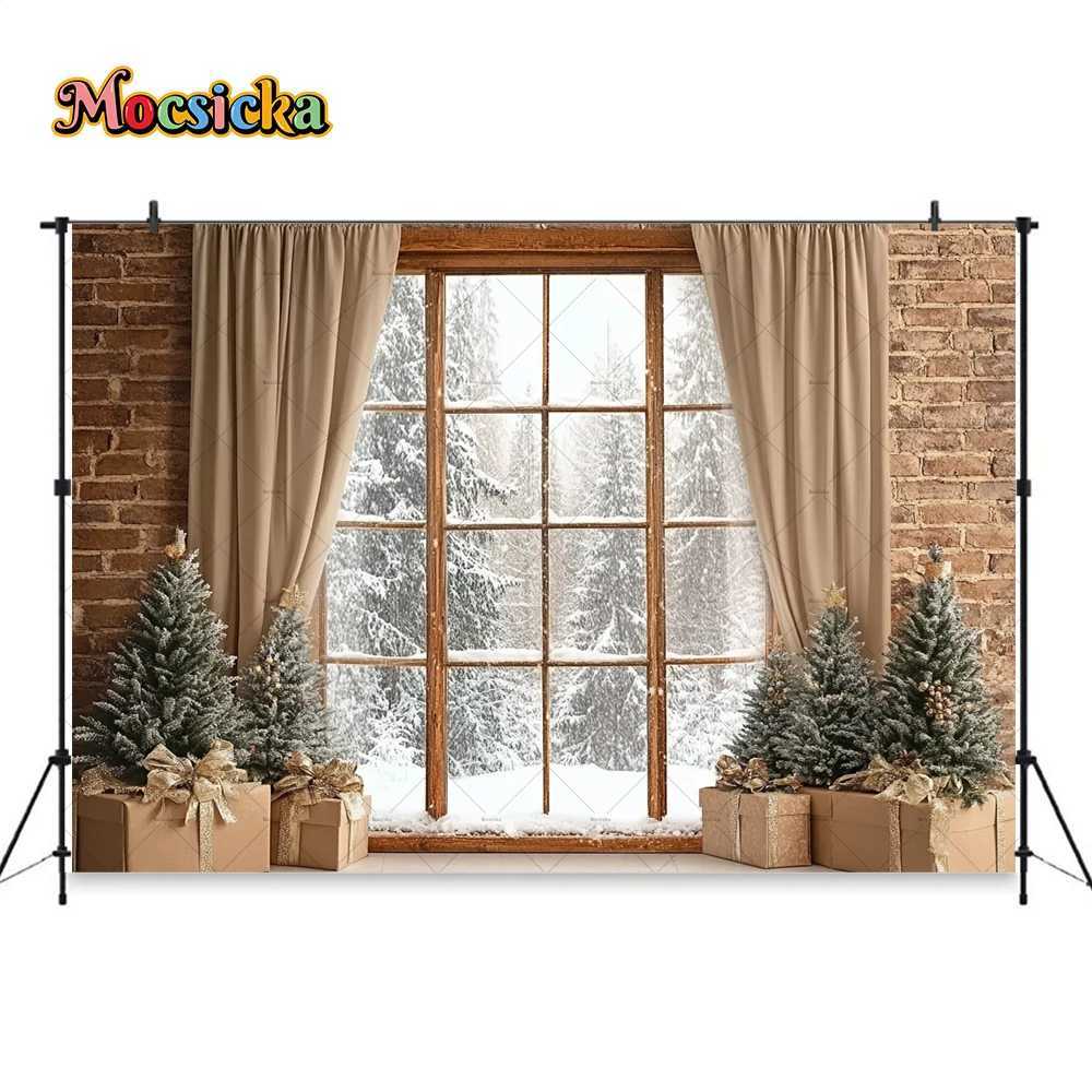 Christmas Room Window Background Photography Brown Curtains Brick Wall Xmas Tree Gift Backdrop Winter Family Indoor Photo StudioM251125
