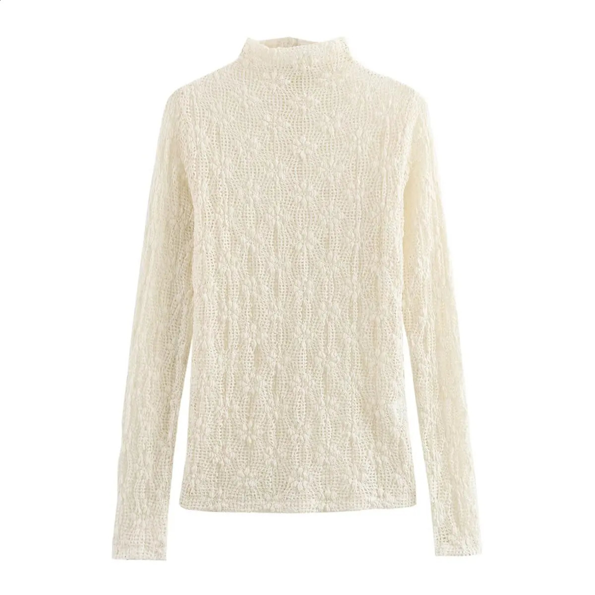 2025 turtle neck womens white lace shirt long sleeved slim fit thin mesh threeway spring sexy solid color bottom shirt top 250414