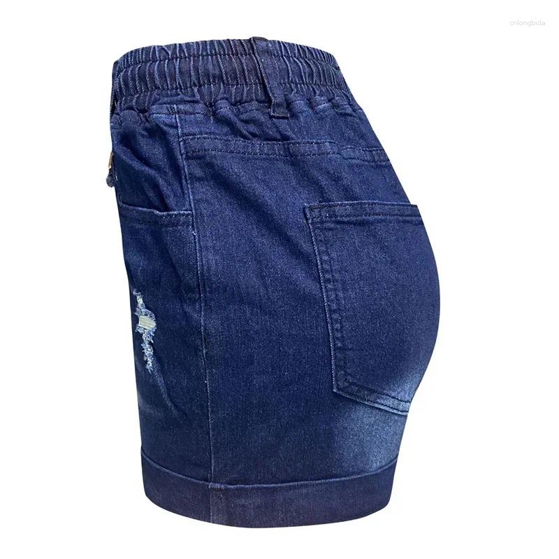CNLONGBIDA Women's Shorts Women Elasticized Waist Lace-up Denim Summer Casual Slim Three Quarter Pants Fashion Female Rolled Trouser Leg Mini Jea