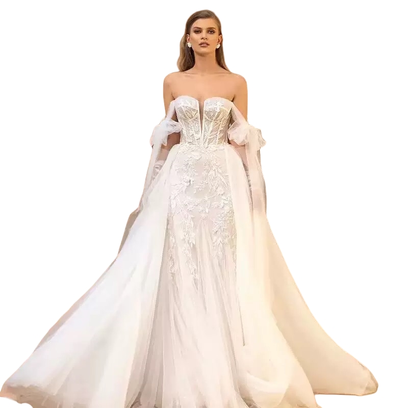 Straps Mermaid Boho Wedding Dresses With Detachable Train Beaded Lace Appliques Long Ivory Beach Bridal Gown Sleeveless Tulle Vestido De Novia