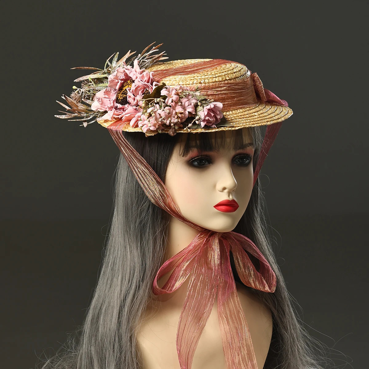 Handmade Women Flat Straw Hat Vintage Style Victorian Ribbon Bonnet Cap 250420