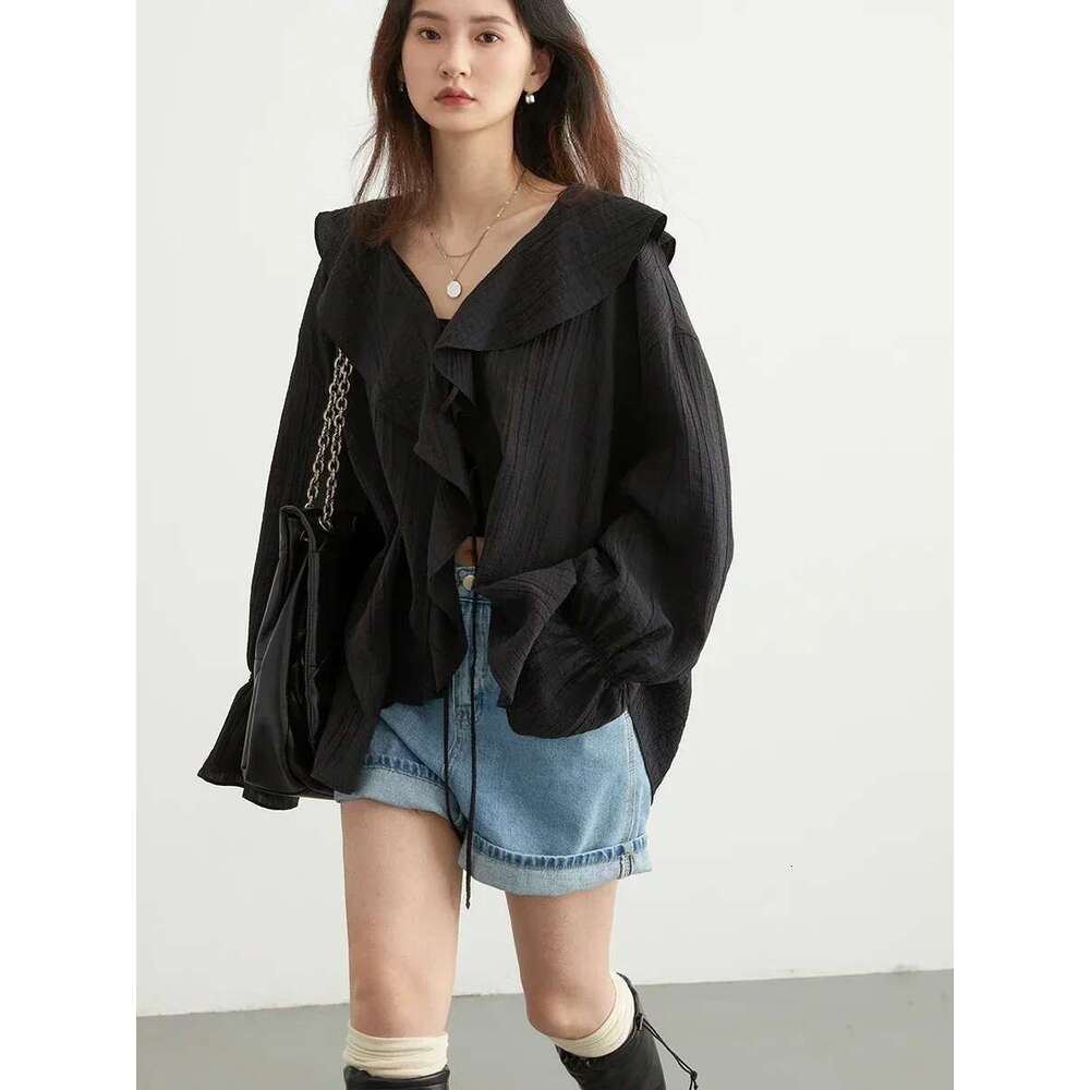CHIC VEN Women Shirt Loose Casual Ruffled Edges Female Blouses V Neck Lace Up Mid Length Woman Shirts Spring Summer 2024