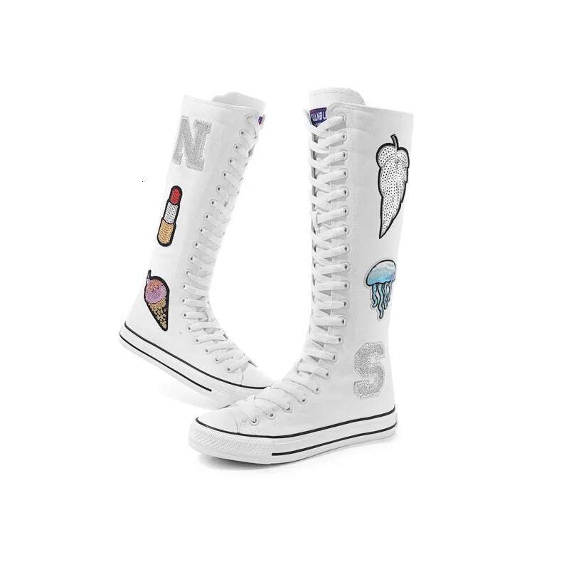 Spring new long lace-up sequin embroidered canvas shoes high soft-sole plush boots flat heightening couple large-size women shoe