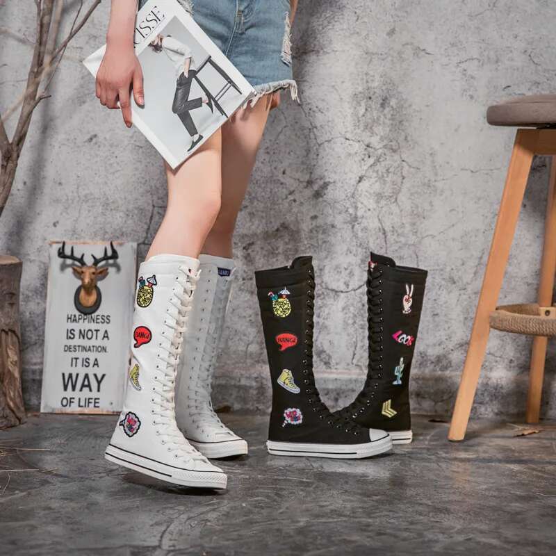 Spring new long lace-up sequin embroidered canvas shoes high soft-sole plush boots flat heightening couple large-size women shoe