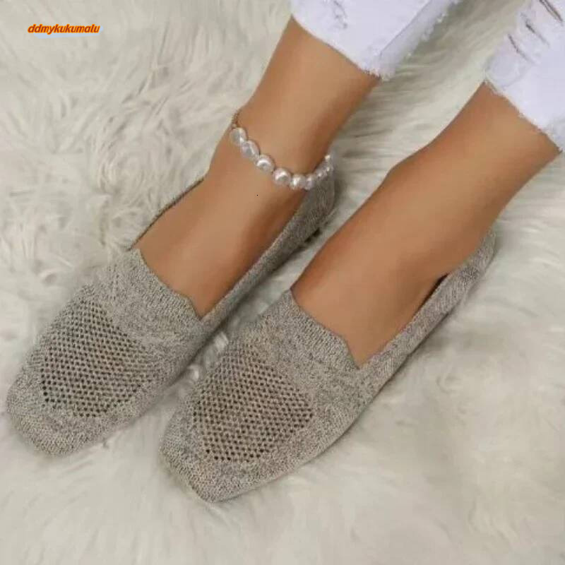 Solid Color Square Toe Mesh Loafers Shallow Women Soft Bottom Knit Ballet Flats Casual Slip on Boat Shoes 2024 ddmykukumalu