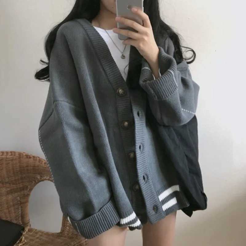 Autumn/winter Korean Loose V-neck Knit Cardigan College Style Long Sleeved Sweater Jacket Casual Button Long CardiganT251125