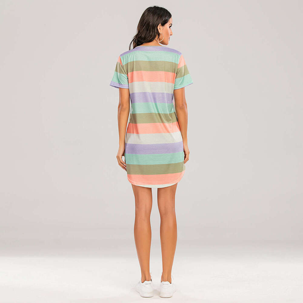 European American spring and summer short sleeved rainbow striped loose T-shirt pama dress plus size 2025 new casual versatile fashion clothing