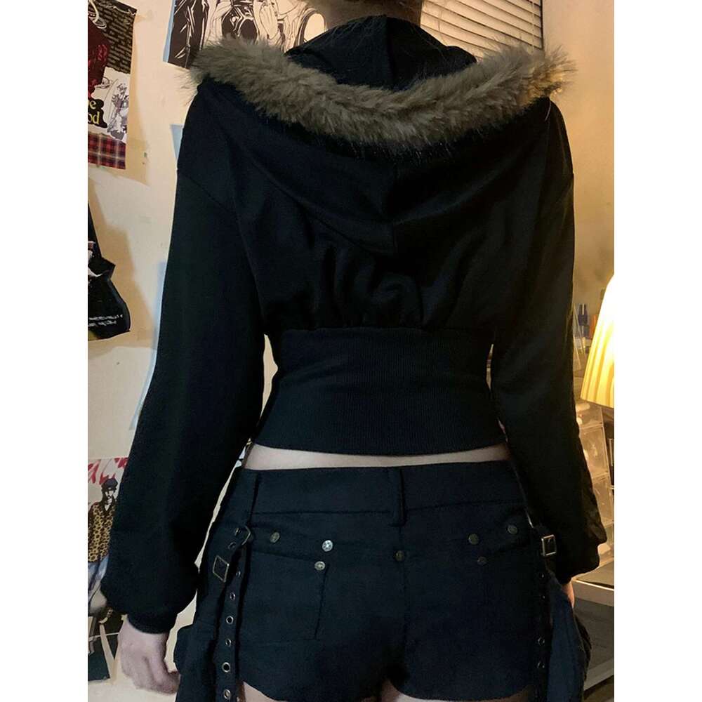 Cuteandpsycho Zip Up Fur Neck Hoodie Coats Fashion Slim Solid Y2k Vintage Women's Jackets Casual Streetwear Chic Basics Clothes