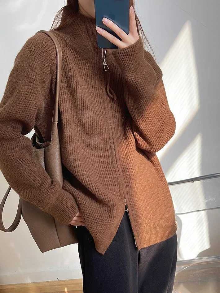 High-neck Sweaters for Women Autumn Winter Double-zipper Loose Oversized Knitted Jacket Female Solid Color Womens CardiganT251125