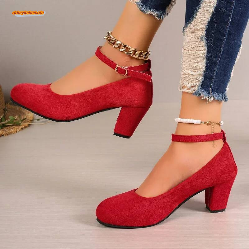 Autumn New Thick Heels Women's Black One-line Buckle Shallow Mouth Woman Single Pumps Suede Large Size Work Shoes ddmykukumalu