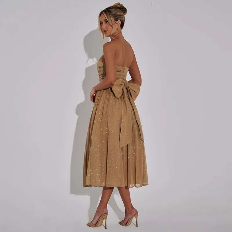 Dongdumaoyi Townlike Sparkle Glitter Mesh Nightclub Sexy Party Dress Women Midi Long Summer Elegant Bow Pleated A Line Dresses