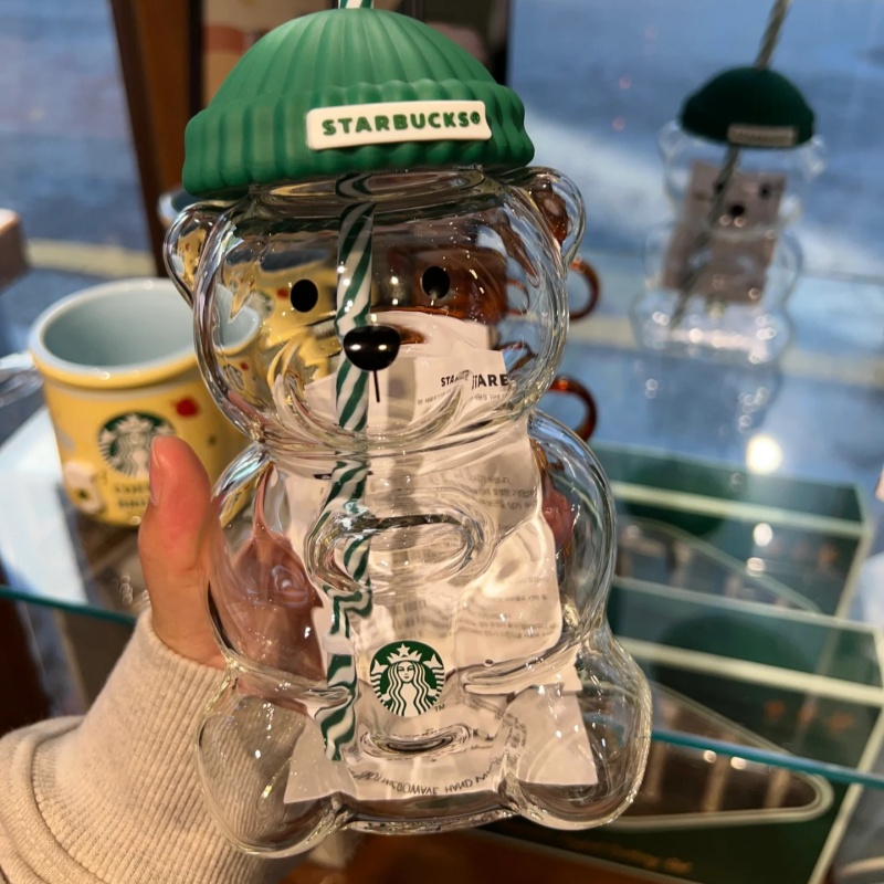 bear cup Free shipping in stock With Straw Cute Transparent Tumbler With Hat For Iced Coffee Cold Drink Gift cup glass bear cup