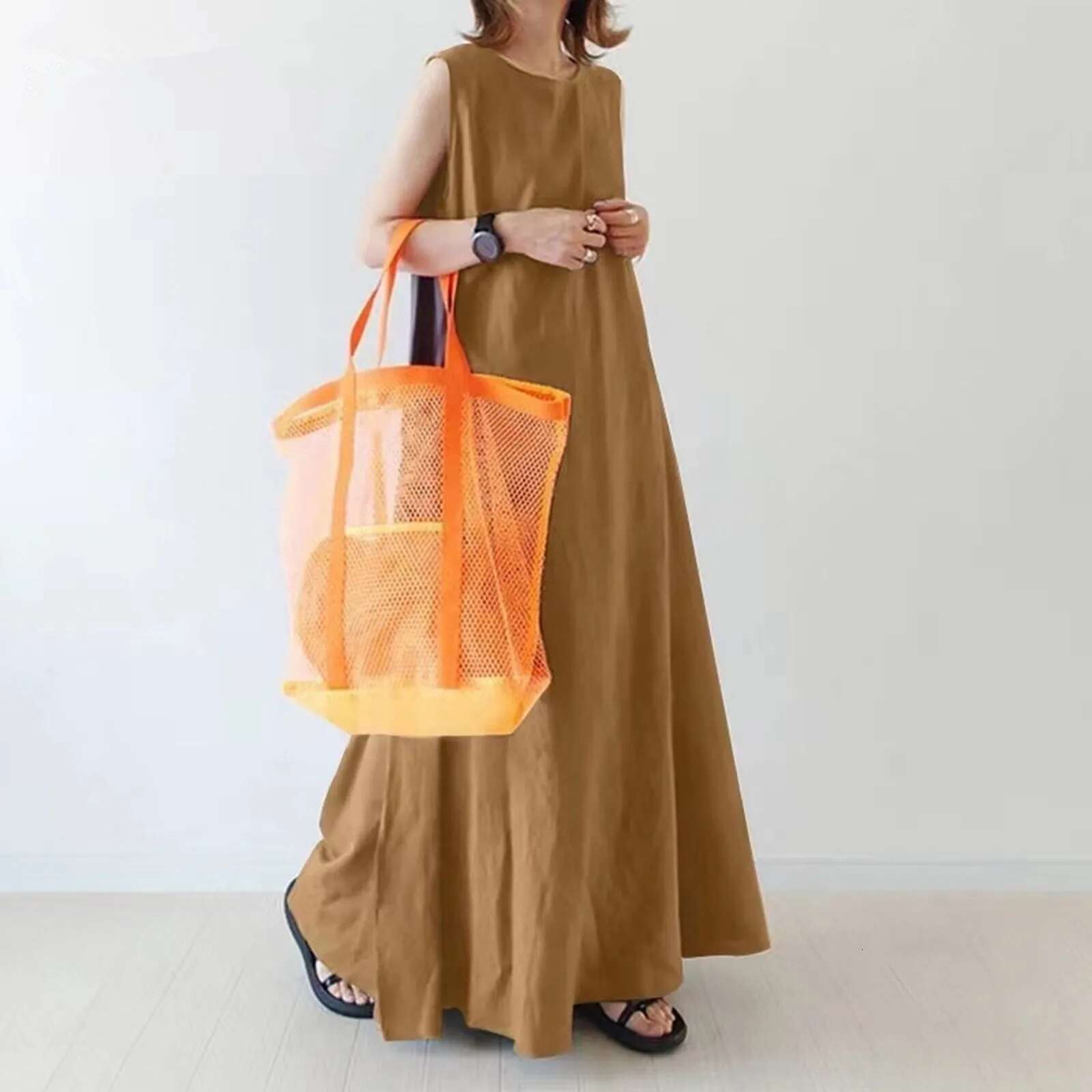 Dongdumaoyi Loose Fit Maxi Dress Simple Style Solid Color Sleeveless Long Dresses Women Summer Fashion Casual O Neck Cotton Linen New