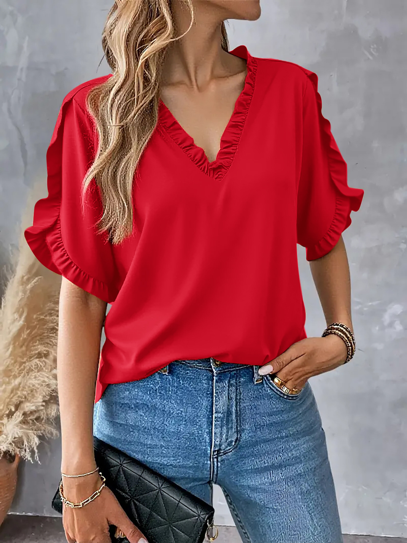 2025 summer simple solid color short sleeved ruffled V-neck shirt top for women