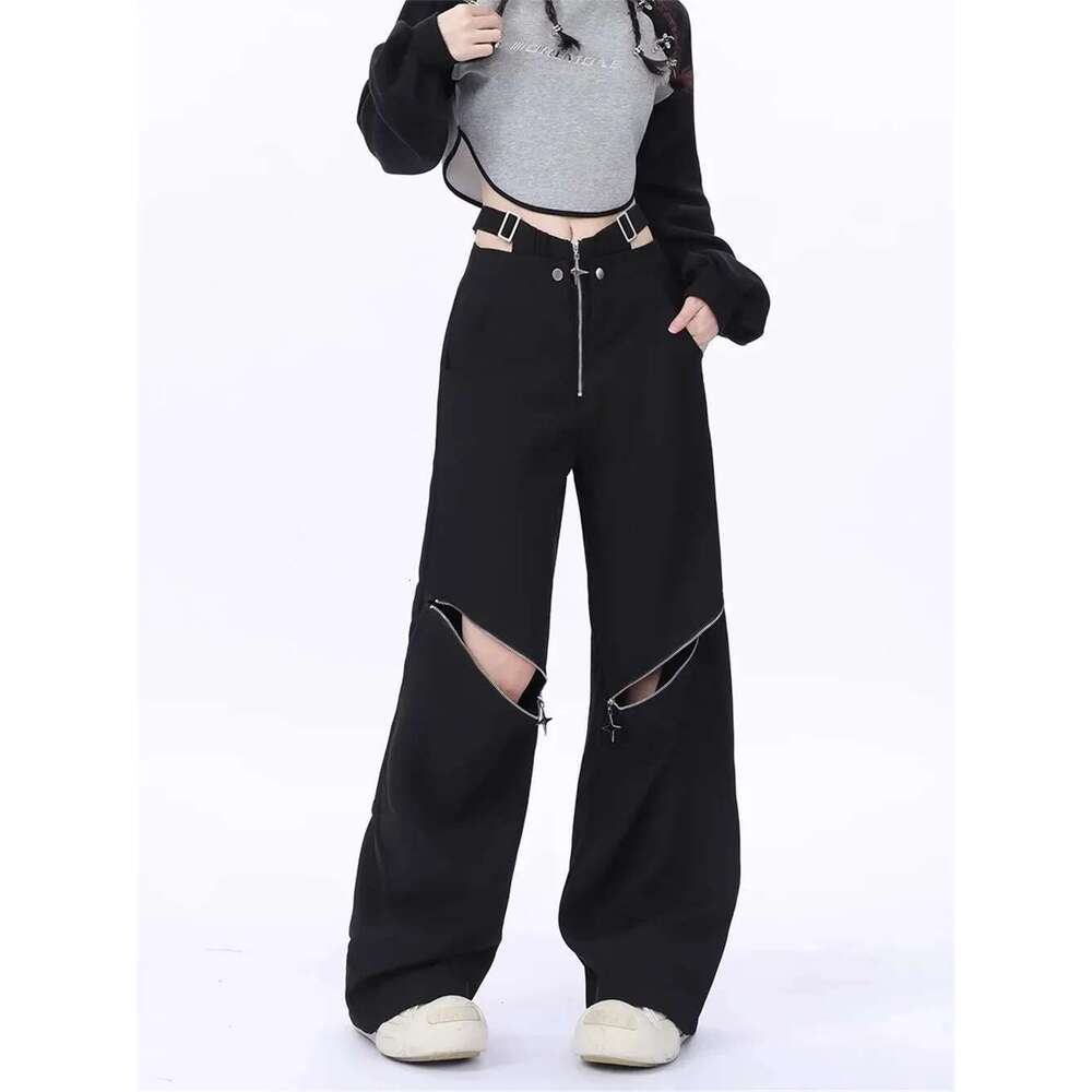 Y2k Summer Black Cargo Pants Women Original Retro Multi Zip Pocket Two Wear Design Drawstring Casual Oversized Trousers