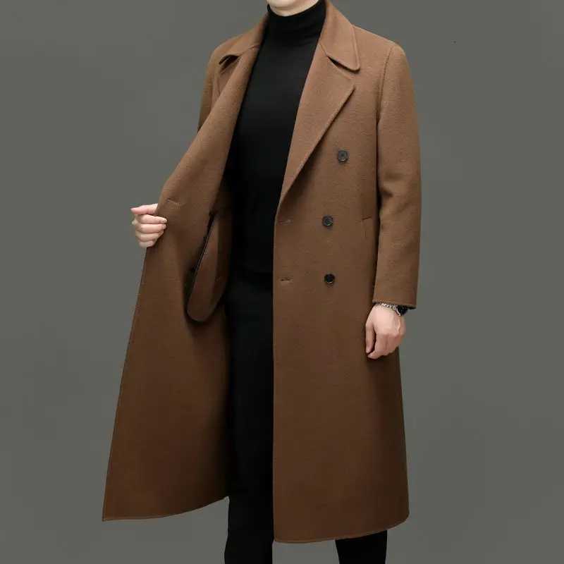Mens Long Double Faced Wool Coat Over Knee Double Breasted Wool Trench Outerwear for Autumn WinterT251125