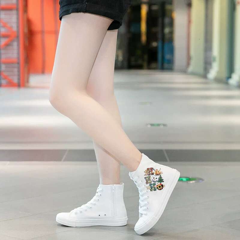 Spring new round toe high-top cross-lace-up fashion print canvas flat heightening casual daily large-size women's shoes