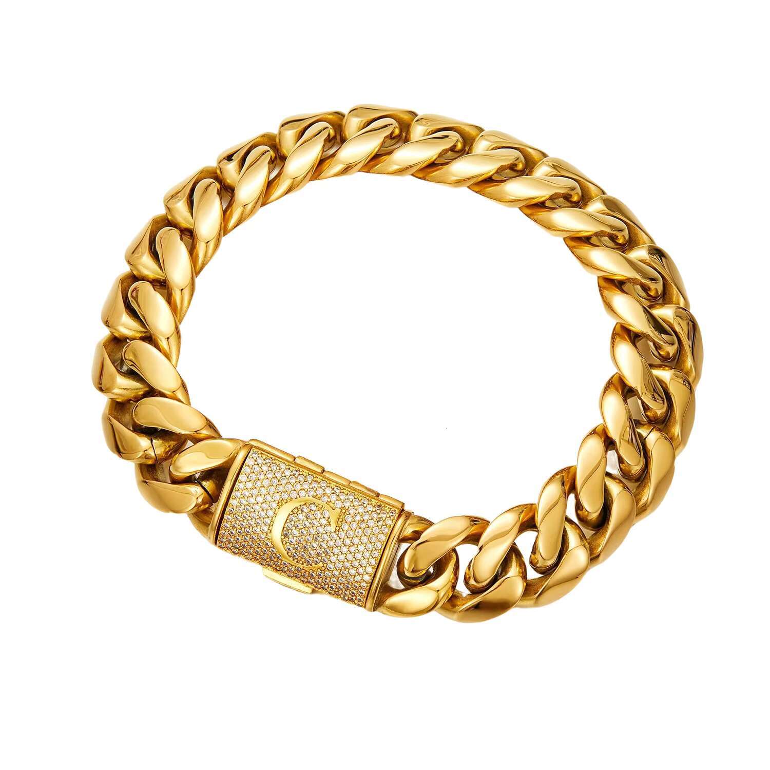 26 Letters Alphabet Iced Out Buckle Stainless Steel Cuban Link Necklace Bracelet for Men 18K PVD Gold Plated Hip Hop Jewelry