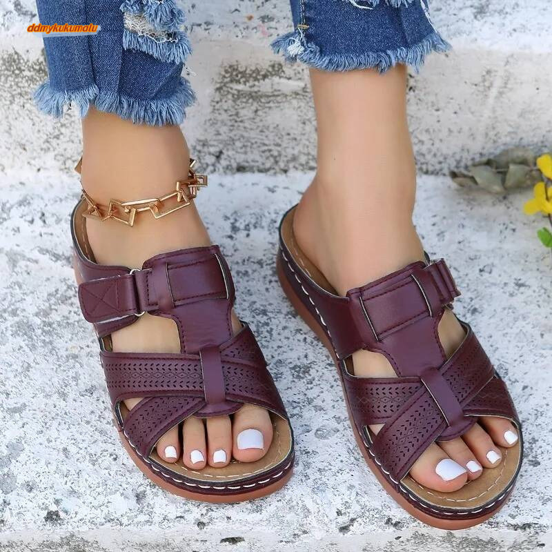 2023 Women Wedge Premium Orthopedic Open Toe Sandals Vintage Anti-Slip Leather Casual Female Platform Retro Shoes ddmykukumalu