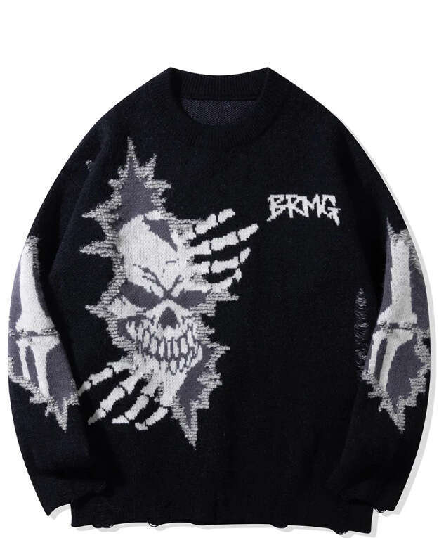 Autumn/Winter New Personalized Skull Design Round Neck Loose Long Sleeve Knitted Sweater