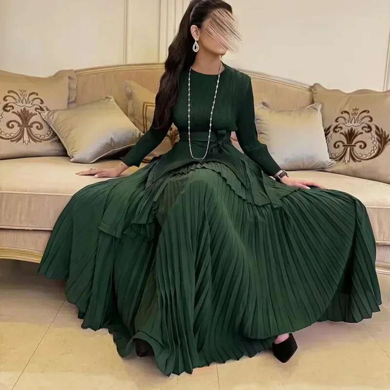 Pleated Irregular Lantern 2 Skirt + Swing Dress 2024 Autumn Solid Long Sleeved Lace Up Design Two Piece Set