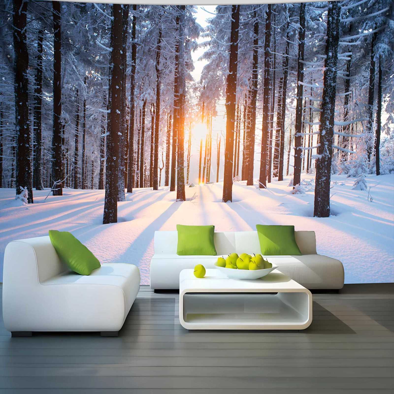 VIKAMA Christmas Nordic Snow Forest Sunlight Tapestry Winter Warmth Living Room Feature Wall Nordic Style Room DecorM251125